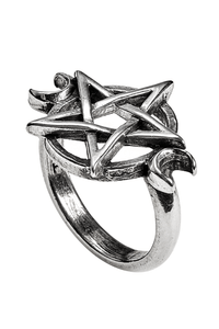Pewter Pentagram Crescent Moon Ring – Gothic Unisex