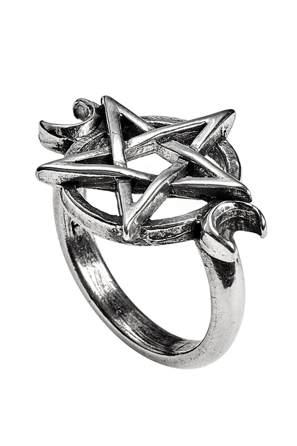 Pewter Pentagram Crescent Moon Ring – Gothic Unisex