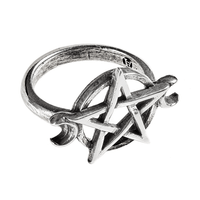 Pewter Pentagram Crescent Moon Ring – Gothic Unisex