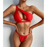 Women's One-Shoulder Push-Up Bikini Set – Black & Red