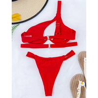Women's One-Shoulder Push-Up Bikini Set – Black & Red
