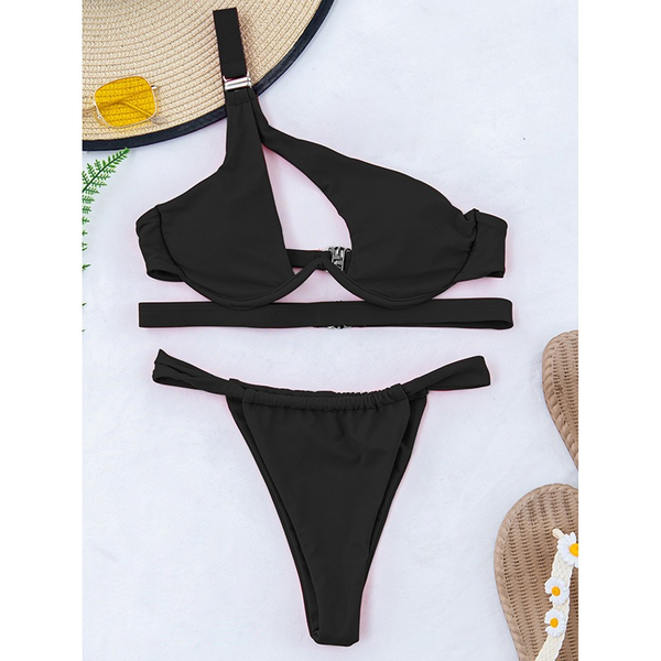 Women's One-Shoulder Push-Up Bikini Set – Black & Red