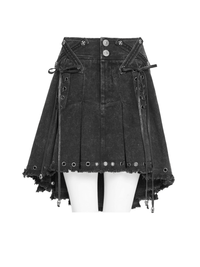 Black Gothic Denim Skirt with Lace-Up Strap Details