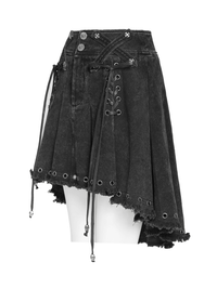 Black Gothic Denim Skirt with Lace-Up Strap Details