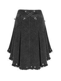 Black Gothic Denim Skirt with Lace-Up Strap Details