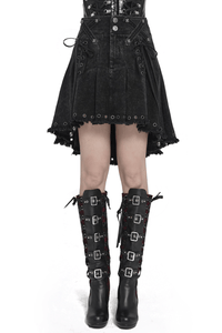 Black Gothic Denim Skirt with Lace-Up Strap Details