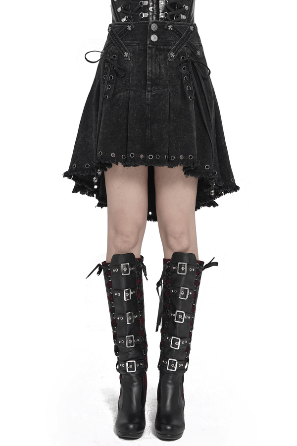 Black Gothic Denim Skirt with Lace-Up Strap Details