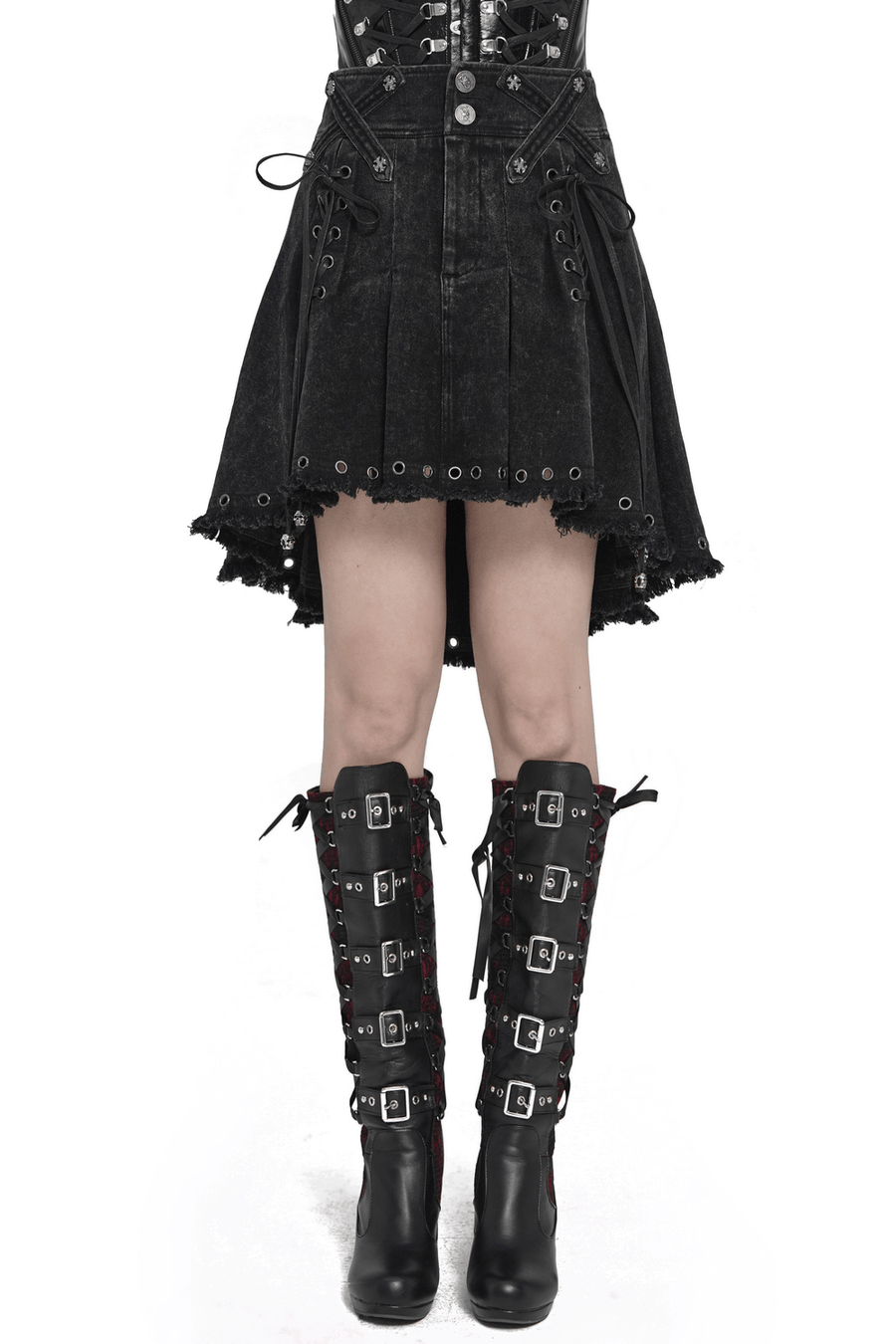 Black Gothic Denim Skirt with Lace-Up Strap Details