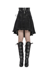 Black Gothic Denim Skirt with Lace-Up Strap Details