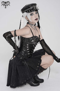 Black Gothic Denim Skirt with Lace-Up Strap Details
