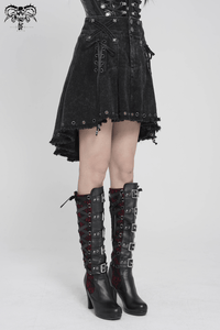 Black Gothic Denim Skirt with Lace-Up Strap Details