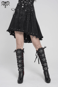 Black Gothic Denim Skirt with Lace-Up Strap Details