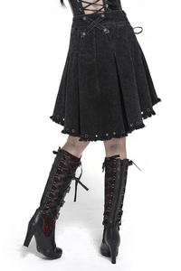 Black Gothic Denim Skirt with Lace-Up Strap Details