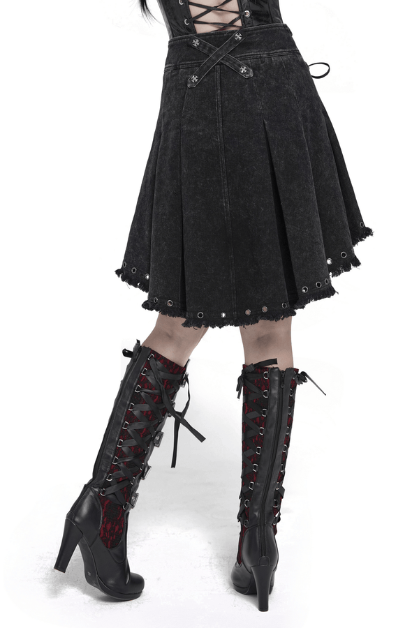 Black Gothic Denim Skirt with Lace-Up Strap Details