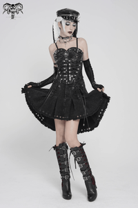 Black Gothic Denim Skirt with Lace-Up Strap Details