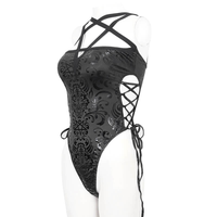 Black Gothic Floral One-Piece Swimsuit with Lace-Up Sides