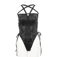 Black Gothic Floral One-Piece Swimsuit with Lace-Up Sides